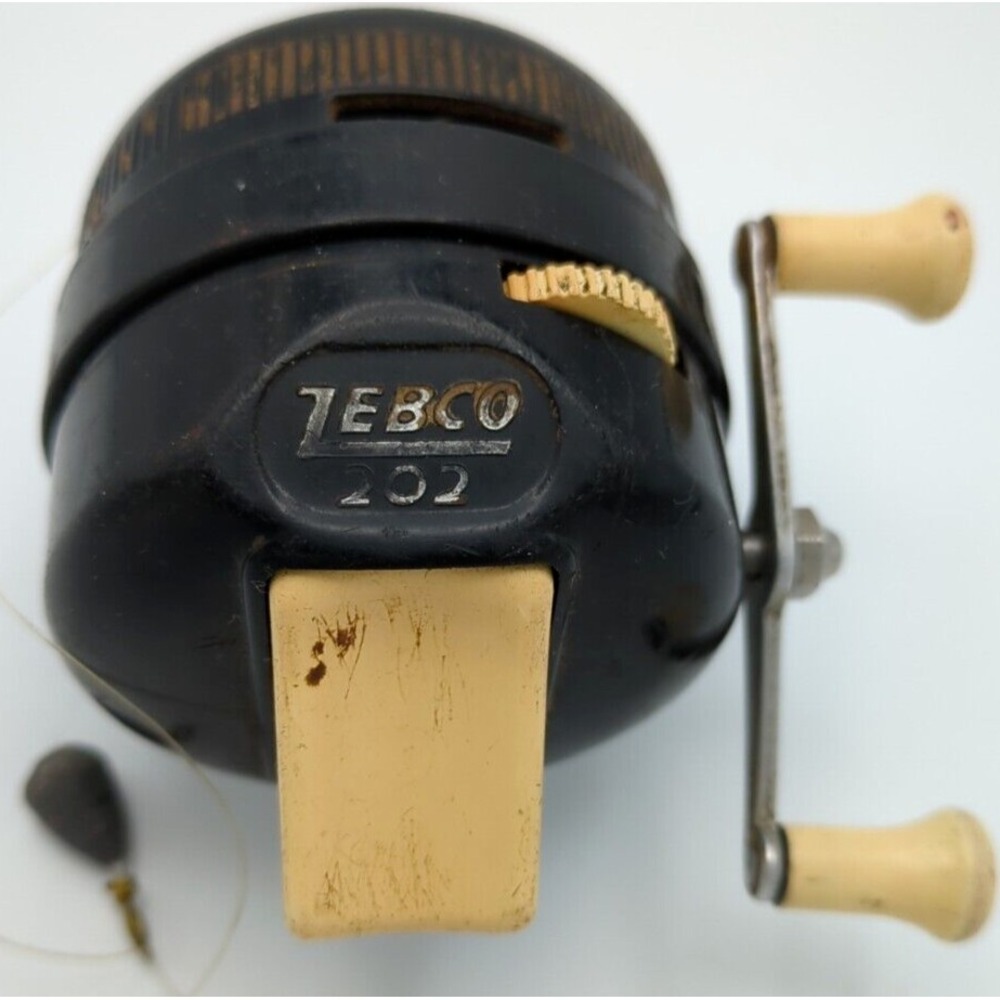 Vtg Zebco 202 Fishing Reel Black White Handle Metal Foot Parts or‎ Repair